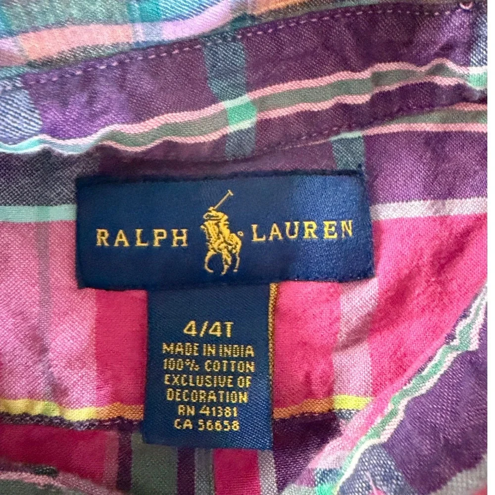 Ralph Lauren Boys Pink Plaid Short Sleeve Button Down Shirt Size 4 4T Cotton